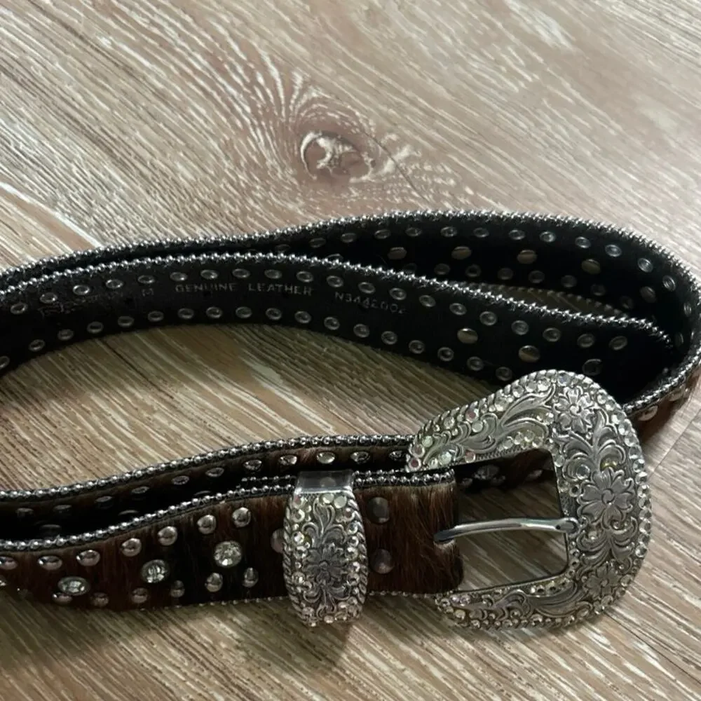 Nocona Western Studded Rhinestone Calf Hair Leather Belt Cowgirl Rodeo FestivalM - Picture 3 of 10